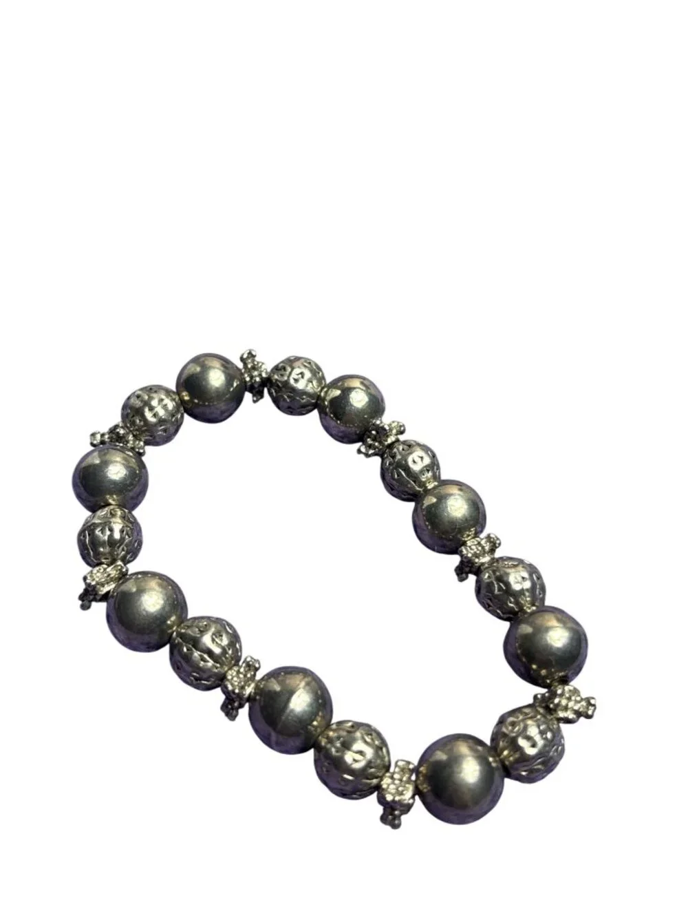 Vintage Silvertone Beaded Stretchy Bracelet Textured 6.5 inches Unstretched